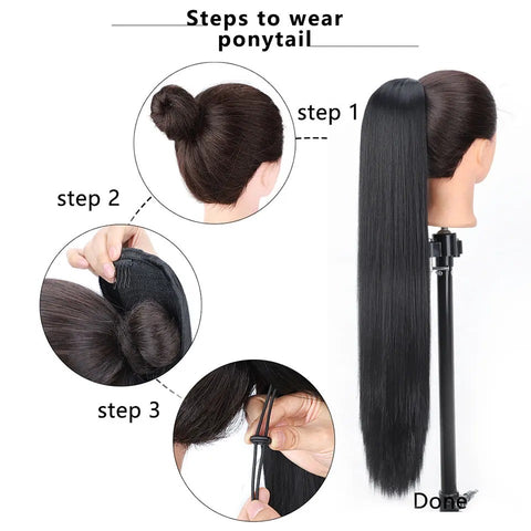 #1b Black - Drawstring Ponytail Straight Wave 26"