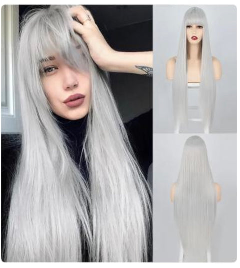 #Grey Wig with Fringe - Straight 30"